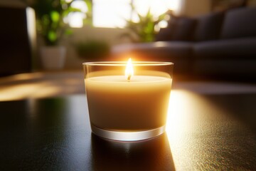 Wall Mural - Lit candle in a glass holder on a table, casting a warm, calming glow in a cozy room.