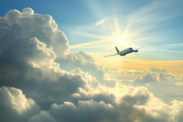 A single airplane flies high above the clouds, bathed in the warm glow of the setting sun. The clouds create a dramatic backdrop, with the sunlight casting long shadows. The scene evokes a sense of fr