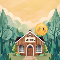 Wall Mural - Illustration of a small, charming school building made of wood against a backdrop of pastel yellow skies and green forests