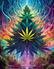 Poster - Psychedelic illustration of a hemp leaf