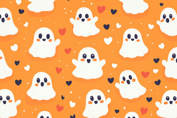 Halloween style or Valintine pattern wallpaper. Cartoon character background. illustration of cute white ghosts with hearts at the orange background