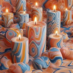 Decorative candles stacked together in vibrant hues and shapes showcasing a variety of shapes and sizes.