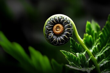 Wall Mural - Macro photo of a fern unfurling, delicate tendrils curling into intricate spirals as it emerges into the light