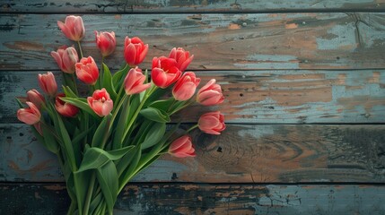 Sticker - Tulip bouquet on wooden surface - aerial view. Greeting card