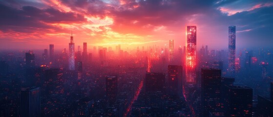 Canvas Print - A Cityscape with a Towering Building Illuminated in Red Under a Dramatic Sunset Sky