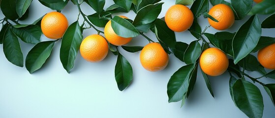 Wall Mural - Ripe Oranges and Green Leaves on a Light Blue Background