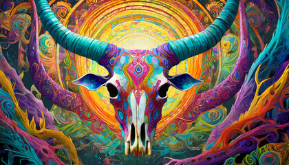 Wall Mural - Psychedelic longhorn skull