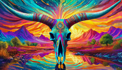 Wall Mural - Psychedelic longhorn skull
