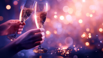 Celebratory Toast: Two Elegant Hands Clinking Champagne Glasses Against a Soft Pastel Background for Women's Day or New Year Party Invitation.
