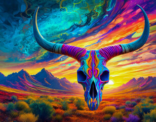 Wall Mural - Psychedelic longhorn skull