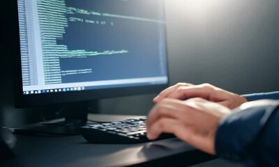 Close-up man typing on computer keyboard with hands and fingers. Macro soft focus dolly shot. Computer programming, text chat online messaging and online marketing business Video