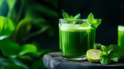 Two glasses of vibrant green juice, garnished with fresh mint leaves,  on a wooden surface, symbolize health, vitality, and natural goodness. The lush green background evokes the feeling of nature and