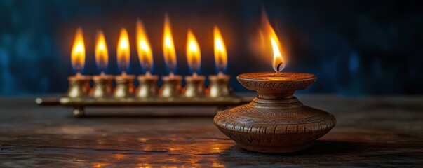 Canvas Print - Ancient dreidel placed beside a glowing menorah, capturing the historical essence of Hanukkah traditions, [Hanukkah dreidel], [historical relic]