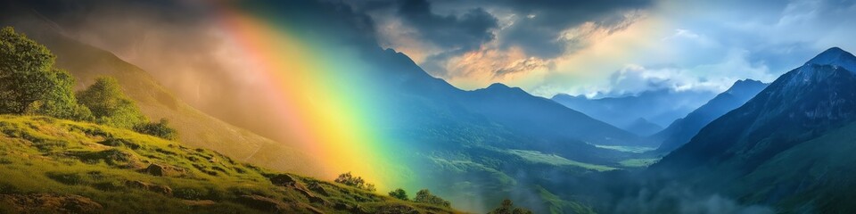 Wall Mural - A rainbow is seen in the sky above a mountain range. The sky is cloudy and the mountains are covered in trees. The scene is peaceful and serene, with the rainbow adding a touch of color