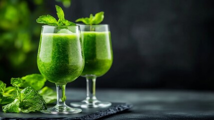 Two tall glasses filled with vibrant green smoothies, garnished with fresh mint leaves,  symbolizing health, vitality, and a refreshing way to start the day. The dark background emphasizes the bright 