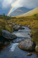 Canvas Print - A river with a rainbow in the sky. The water is clear and the rocks are scattered throughout the river. The scene is peaceful and serene