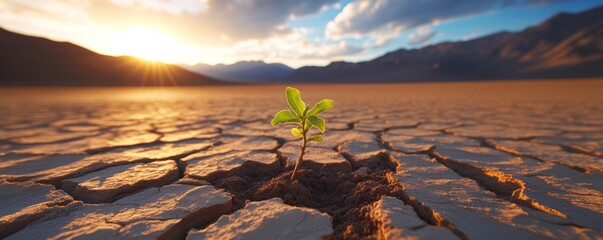 Poster - Young plant growing in cracked desert ground