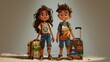 © ProPhotos - Drawing of girl and boy standing side by side with luggage on grey background.