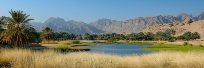 Wall Mural - A beautiful landscape with a large body of water and mountains in the background. The sky is clear and the sun is shining