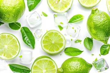 Wall Mural - Top view of fresh lemonade with green lemon and ice on white background