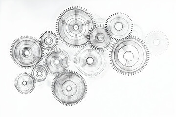 Wall Mural - A series of moving cogwheels in continuous line drawing, representing the interconnectedness and cooperation of business teamwork  