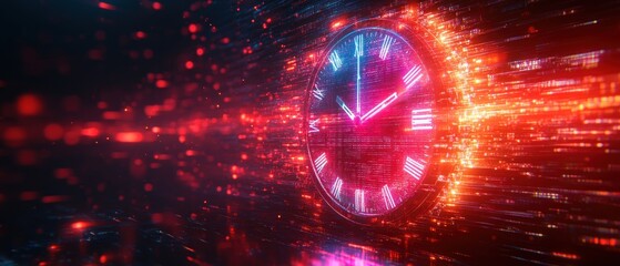 Glowing Clock in a Digital Matrix with Red and Blue Lights