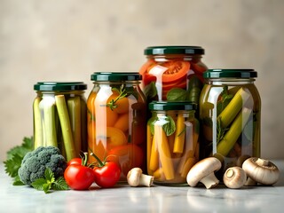 Glass jars of different sizes with canned vegetables and mushrooms lie on a plain background