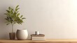 © Iqra - 3D render mock up of a blank wooden side table with a decoration leaves plants in a vase and books in a brownish gray living room with morning sunlight.