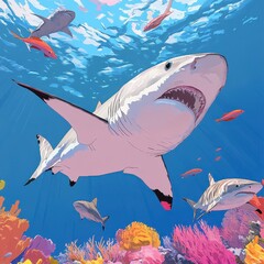 17. Exotic underwater scene with sharks swimming over a colorful reef, unique and captivatingly beautiful