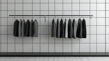 black and gray formal attire showcased in a modern shop display against a white square tile wall wit