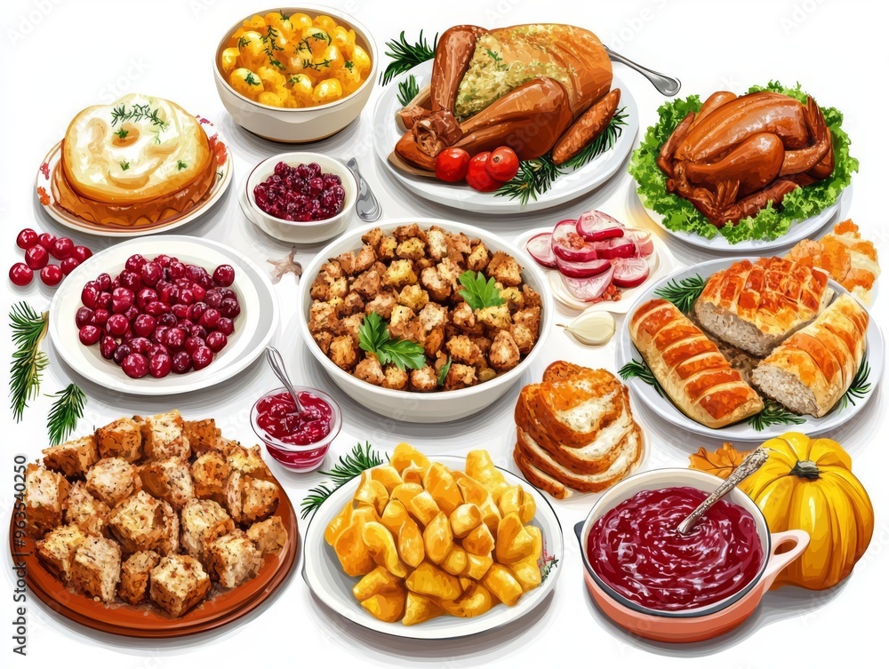 Festive holiday feast with roasted turkey, side dishes, desserts, and ...