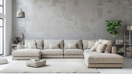 Wall Mural - Living room loft style with beige sofa and concrete wall on white floor.