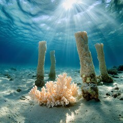 30. Unique underwater landscape with coral pillars and diverse marine life, stunningly beautiful and exotic