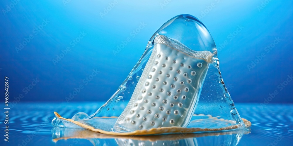 Ribbed and dotted condom full of water isolated on the blue background
