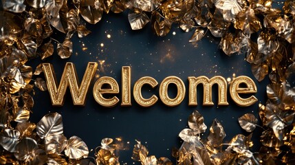 Luxury style Welcome word surrounded by gold leaves. Greeting text for events, weddings, promotions and hospitality business