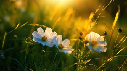 A field of flowers with a pink flower in the foreground