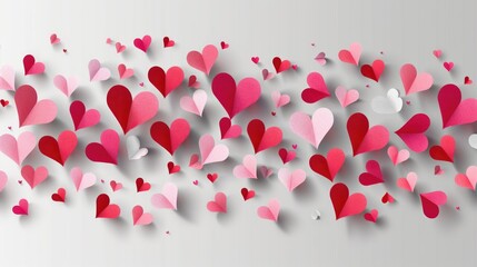 Wall Mural - A large collection of hearts in various sizes and colors are scattered across a white background. Concept of love and affection