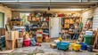 © Chanchai - A cluttered corner of a suburban garage filled with miscellaneous household junk including old furniture cardboard boxes discarded toys and broken appliances creating an asymmetrical mess