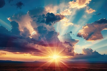 Poster - The sky is filled with clouds and the sun is shining brightly. The clouds are scattered throughout the sky, with some closer to the ground and others higher up