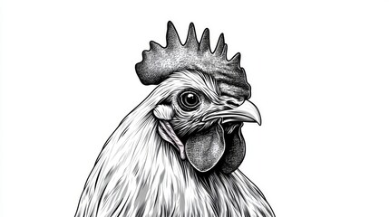 A hand drawn line art engraving of a chicken head on a farm Modern Illustration