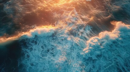 Poster - Stunning aerial view of sunset over sea with beautiful waves and sky.