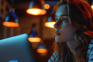 Poster - A woman is looking at a laptop screen in a dimly lit room. The room is filled with various light sources, including lamps and overhead lights. The woman is focused on her work