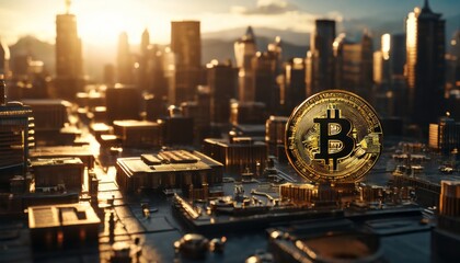 A glowing Bitcoin coin towers over a futuristic cityscape bathed in the golden light of sunrise. This image merges the concepts of digital currency with futuristic urban development, highlighting the