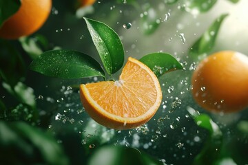 Wall Mural - A close up of an orange with a leaf on top. The image has a bright and cheerful mood, with the orange and leaf creating a sense of freshness and vitality