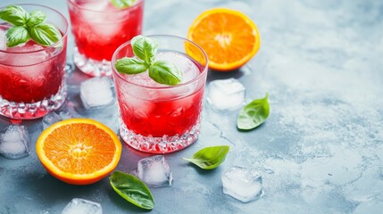 The background is a light gray concrete base with a red cocktail containing Campari or bitter in combination with Sicilian oranges (tarocco). Aperitif with Americano cocktail with a natural eco