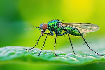 Close-up of an insect, a green fly with colorful wings and long legs on a leaf