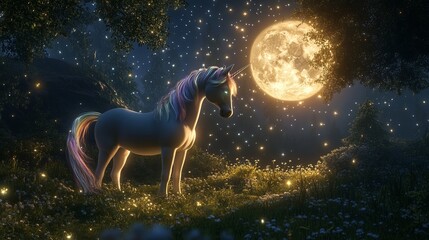 Wall Mural - A unicorn stands in a moonlit forest, surrounded by fireflies.