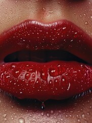 Poster - A woman's lips are wet and red. Concept of sensuality and beauty