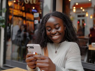 Poster - A woman is sitting at a table with a cell phone in her hand. She is smiling and she is happy