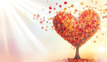 Autumn heart-shaped tree with colorful leaves flying in the air on a white background